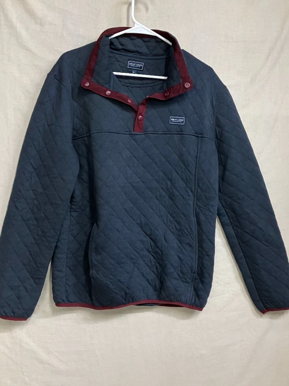 Great Lakes Sweater Men's Large Navy Blue Burgundy Quilted Pullover Snap Neck
